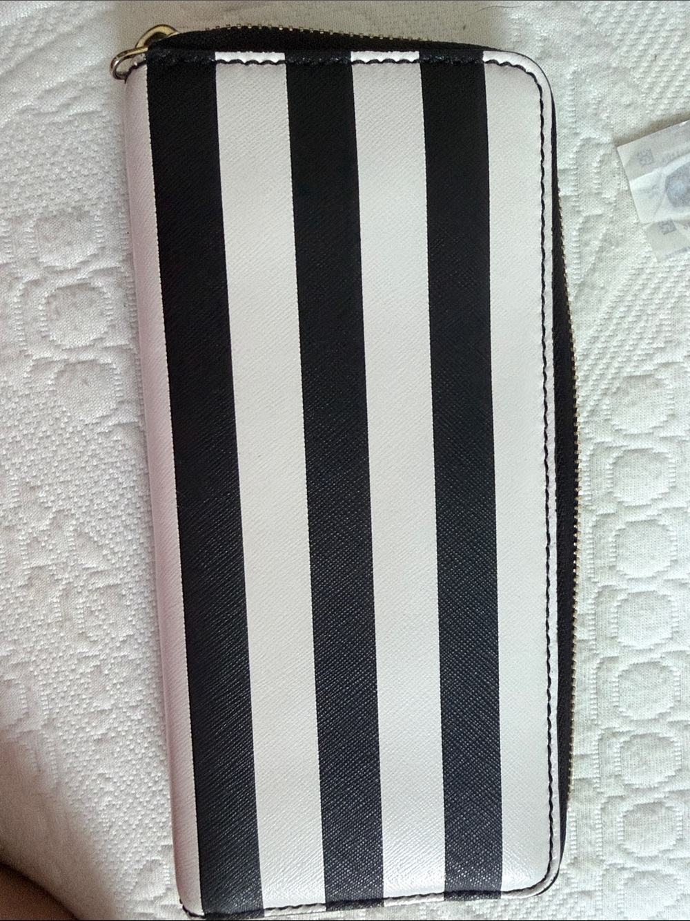 Michael Kors Black and White Striped Zip-Around Wallet with Gold Logo - Picture 2 of 3